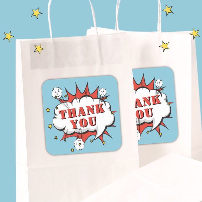 Sticker Carré Superhero Comic Discours Bubble Anniversaire Merci (Créateur téléchargé)