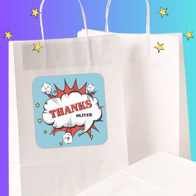 Sticker Carré Superhero Comic Discours Bubble Anniversaire Merci (Créateur téléchargé)