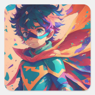 Sticker Carré Superhero d'Anime rouge et bleu avec Cap
