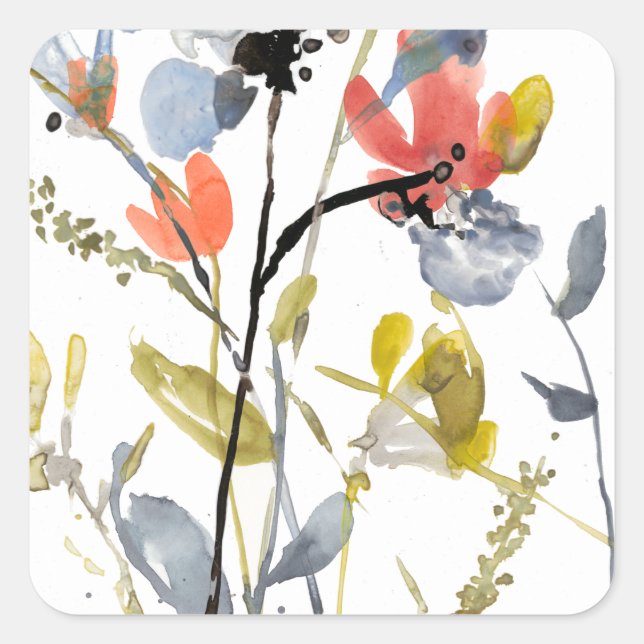 Sticker Carré Superposition de fleurs - Aquarelle Fleurs et tige (Devant)