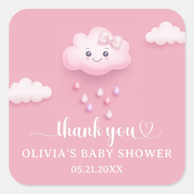 Sticker Carré Sur Cloud Neuf Baby shower de fille rose moderne (Devant)