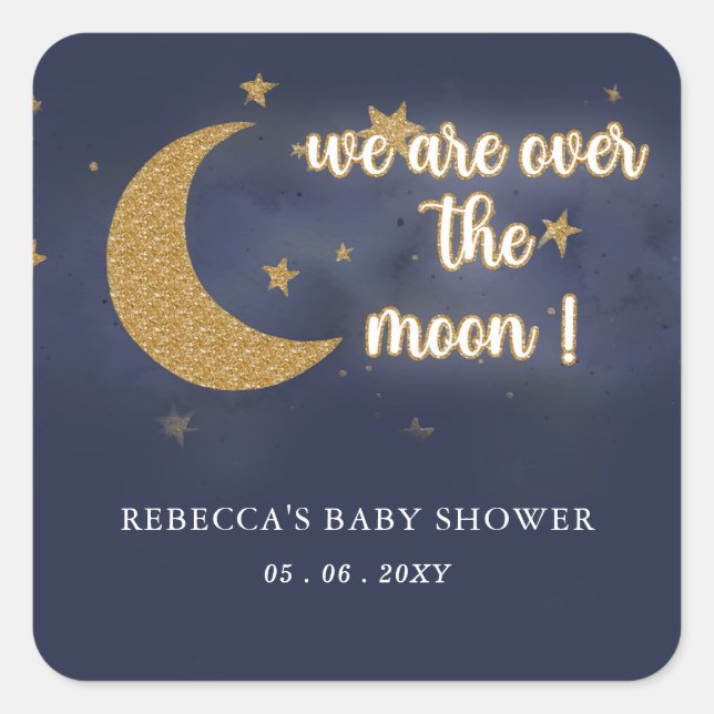 Sticker Carré Sur la lune Baby shower neutre du genre (Devant)