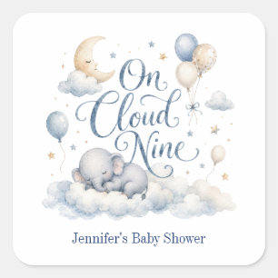 Sticker Carré Sur un nuage, Éléphant bleu personnalisé Lune Garç