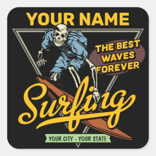 Sticker Carré Surf personnalisé Skeleton Ride Waves Surfer