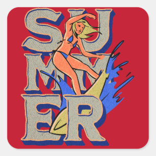 Sticker Carré Surfer Girl Retro été
