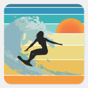 Sticker Carré Surfer Girl Sunset Vintage