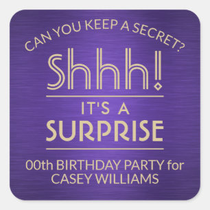 Sticker Carré Surprise fête d'anniversaire brossé violet et or