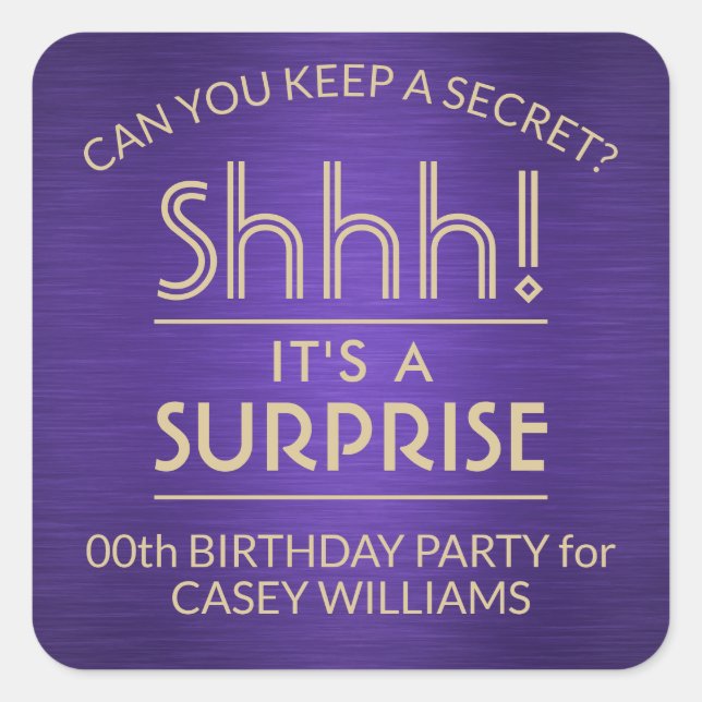 Sticker Carré Surprise fête d'anniversaire brossé violet et or (Devant)