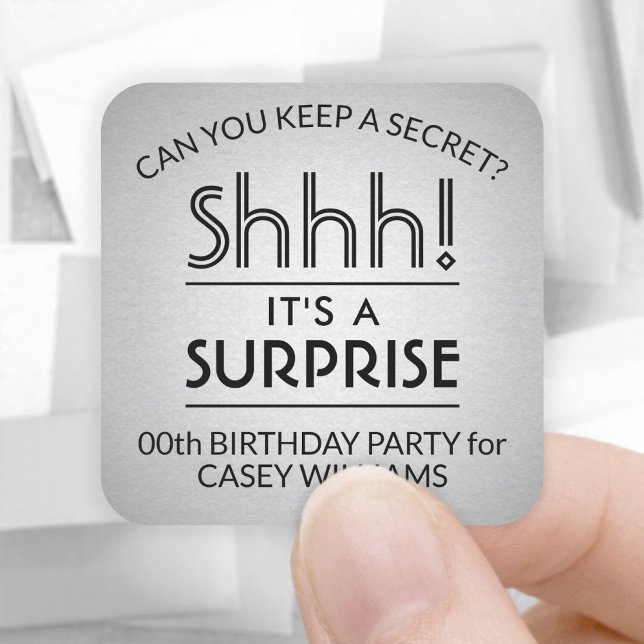Sticker Carré Surprise fête d'anniversaire Noir et Faux Silver F (Créateur téléchargé)