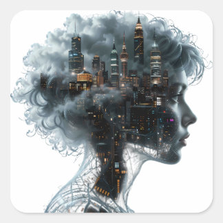 Sticker Carré Surreal Mindscape: City within a Woman's Head
