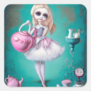 Sticker Carré Surréalisme Pop Peint Alice & Pot De Thé