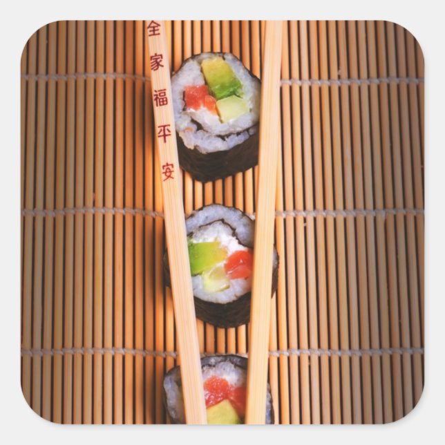 Sticker Carré Sushi et baguettes en bois (Devant)
