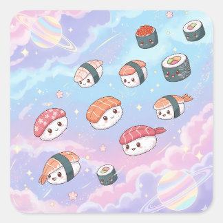 Sticker Carré Sushi Flying in Pastel Galaxy Sky