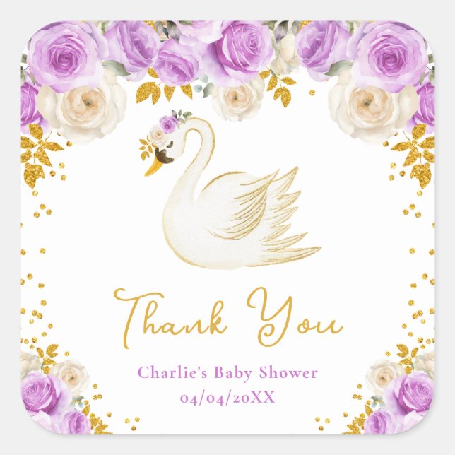 Sticker Carré Swan Purple Gold Rose Baby shower Merci (Devant)