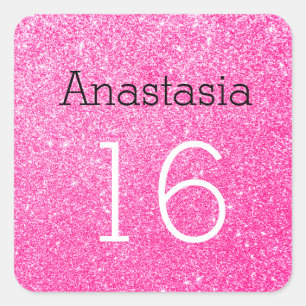 Sticker Carré Sweet 16 Nom Age Black & Hot Rose Parties scintill