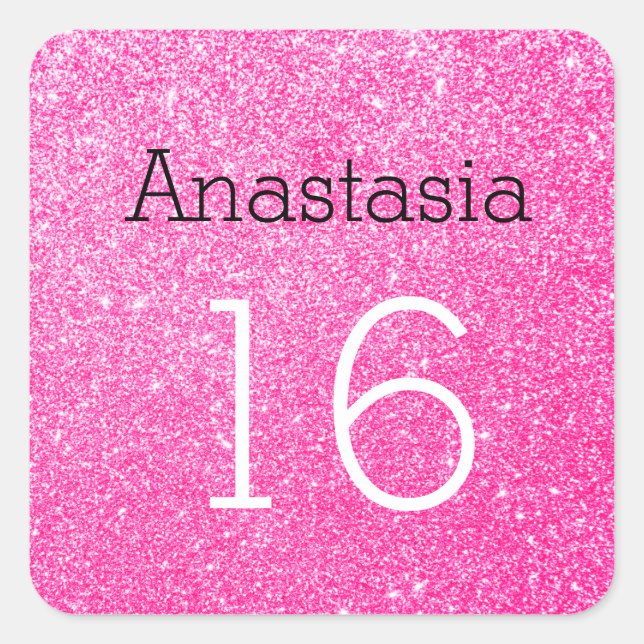 Sticker Carré Sweet 16 Nom Age Black & Hot Rose Parties scintill (Devant)