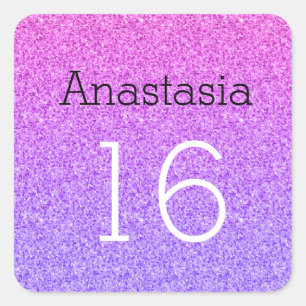 Sticker Carré Sweet 16 Nom Âge Ombre Violet Paillettes Brillante