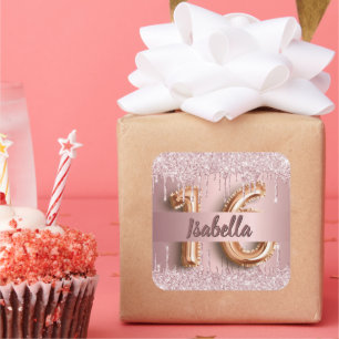 Sticker Carré Sweet 16 parties scintillant rose nom gouttes