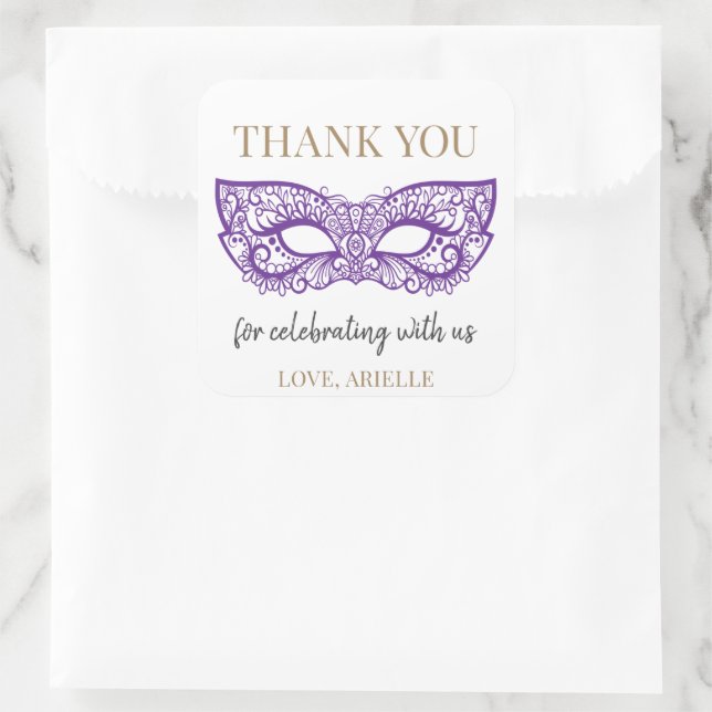 Sticker Carré Sweet 16 Quince Masquarade Ball fête d'anniversair (Sac)