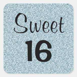 Sticker Carré Sweet 16 Seize Noir Bleu Argent Paillettes Étincel