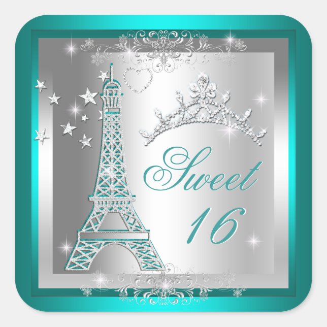 Sticker Carré Sweet 16 Sweet sixteen Turquoise Tour Tiara Eiffel (Devant)