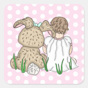 Sticker Carré Sweet Baby Girl and Easter Bunny Polka Dot