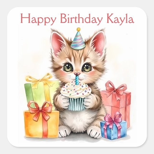 Sticker Carré Sweet Birthday Kitten coloré Personnalisé (Devant)
