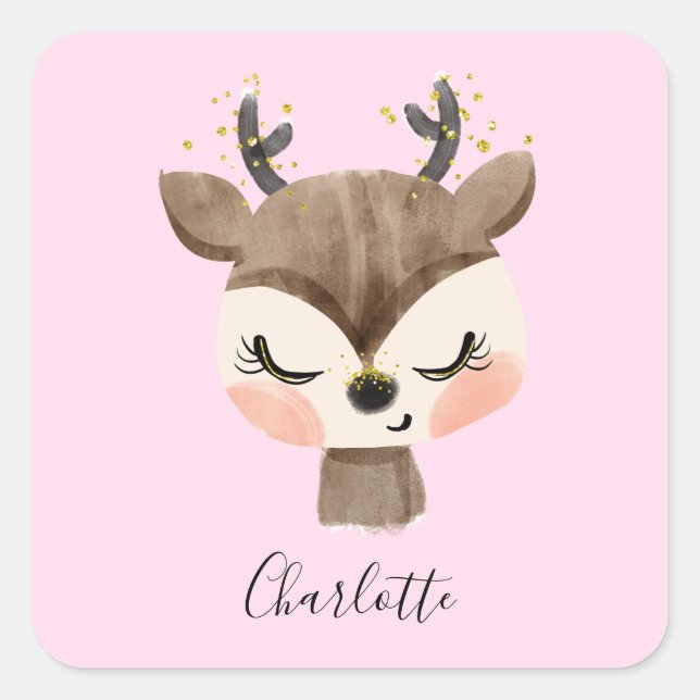 Sticker Carré Sweet Cute & Girly Pastel Blush Rose Bébé Reindeer (Devant)