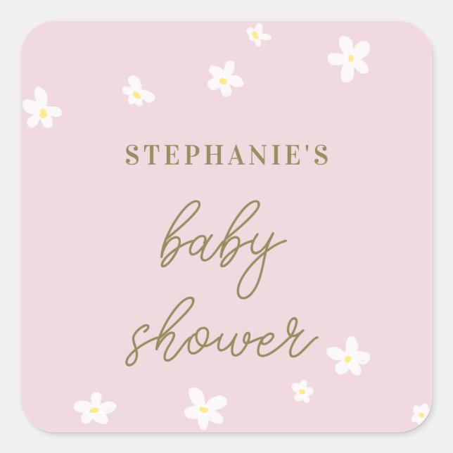 Sticker Carré Sweet Daisy rose or calligraphie bébé fille douche (Devant)
