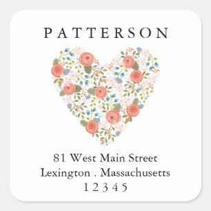 Sticker Carré Sweet Garden Floral Heart Adresse de retour Label