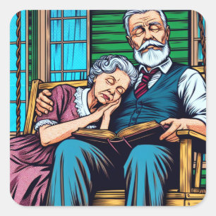Sticker Carré Sweet Old Couple Napping sur le porche avant