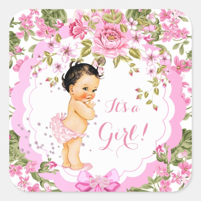 Sticker Carré Sweet rose Floral Rose Baby shower fille Brunette (Devant)