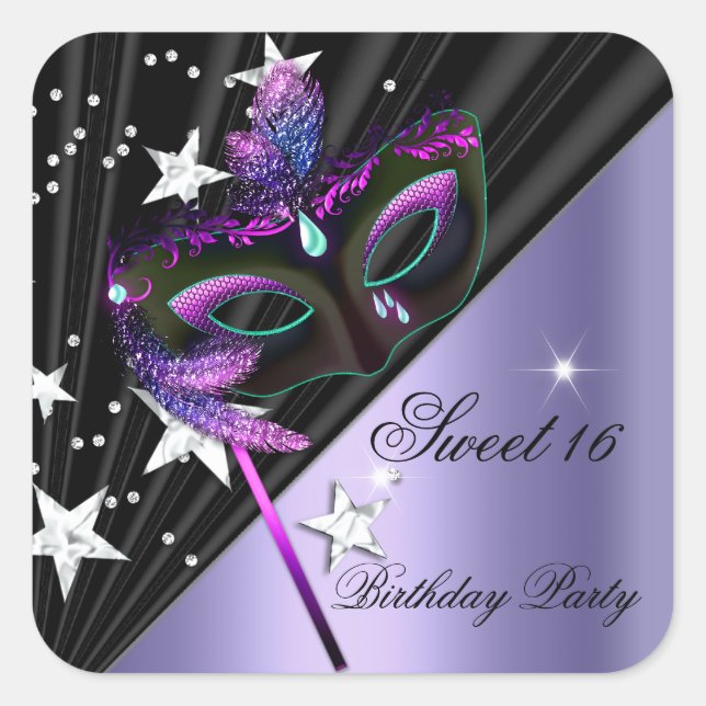 Sticker Carré Sweet sixteen 16 Lilac Black Silver Masque (Devant)