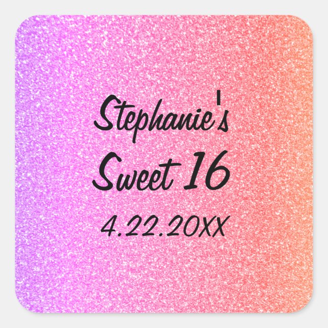 Sticker Carré Sweet sixteen 16ème Glittery rose fête d'anniversa (Devant)