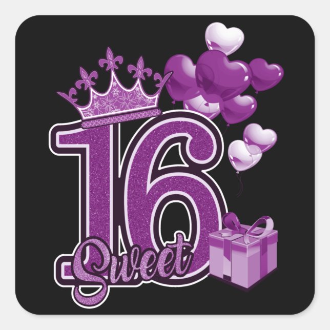 Sticker Carré Sweet sixteen Anniversaire violet (Devant)