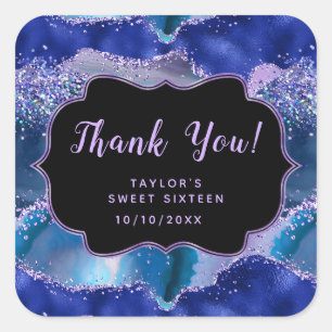 Sticker Carré Sweet sixteen d'agate bleu violet océanique Merci