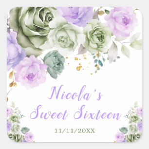 Sticker Carré Sweet sixteen floral vert Sage et violet