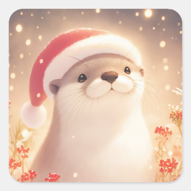 Sticker Carré Sweet Smiling Otter in Santa Hat with Red Berries (Devant)