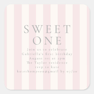 Sticker Carré Sweet Stripes premier anniversaire invitation rose