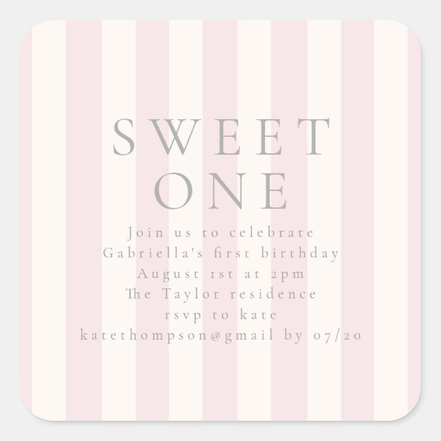Sticker Carré Sweet Stripes premier anniversaire invitation rose (Devant)