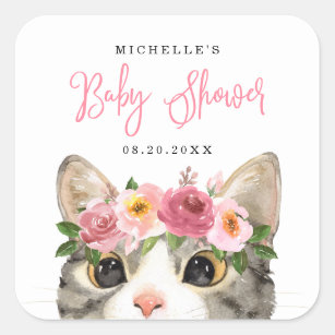 Sticker Carré Sweet Watercolor Kitty Girl Baby shower