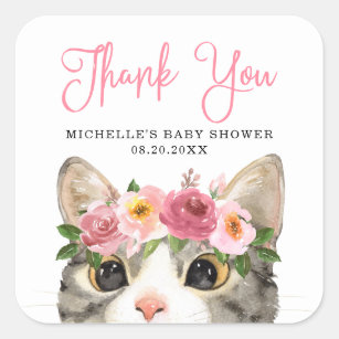 Sticker Carré Sweet Watercolor Kitty Girl Baby shower
