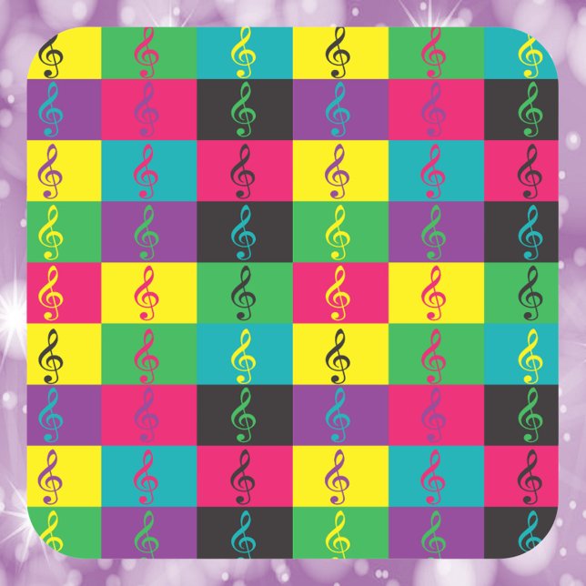 Sticker Carré Symbole de musique Treble Clef Motif brillant (A sticker with a treble clef pattern done in blue, yellow, green, pink and purple)