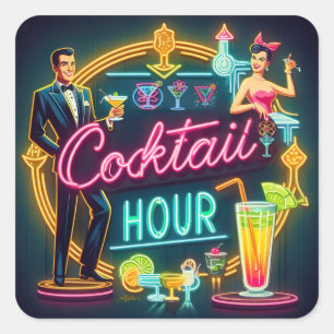 Sticker Carré Symbole du néon du milieu du siècle Cocktail Hour 