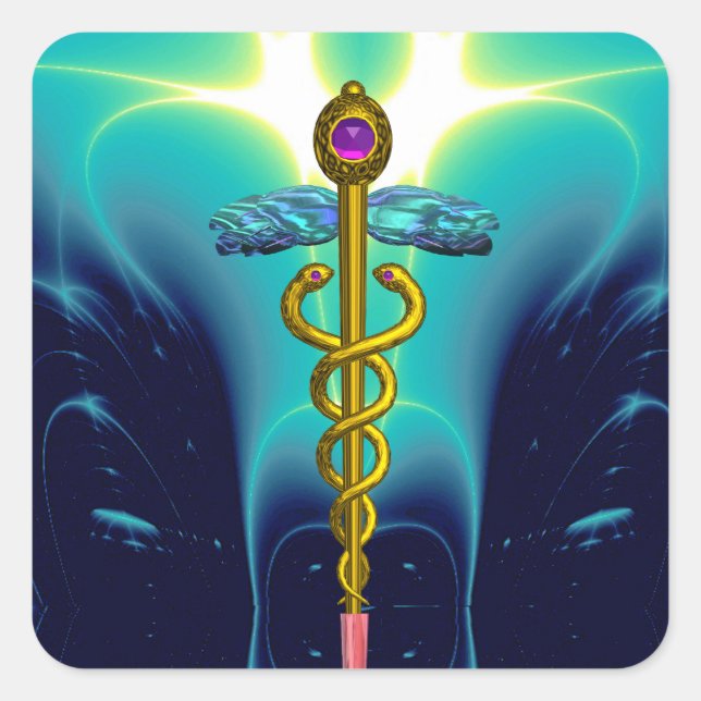 Sticker Carré SYMBOLE Médicale CADUCUS D'OR Vibrant Turquoise Bl (Devant)