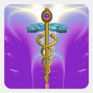 Sticker Carré Symbole Médicale OR CADUCEUS Vibrant Violet Turquo