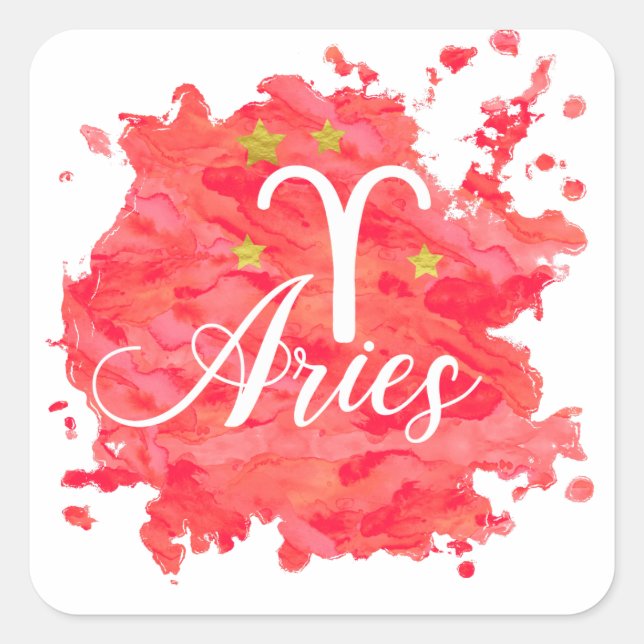 Sticker Carré SYMBOLE Zodiac Aries Rouge Aquarelle Or Étoiles (Devant)