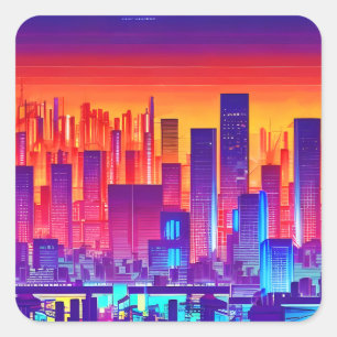 Sticker Carré Synthwave/Cyberpunk City au coucher du soleil