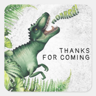 Sticker Carré T-Rex Dinosaur Merci de fête d'anniversaire