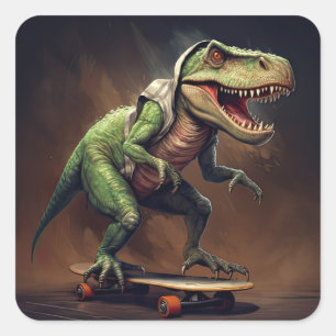 Sticker Carré T-Rex Dinosaur Rising a Skateboard Anniversaire Pa